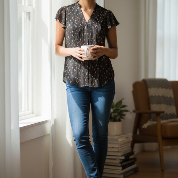 Floral Navy Blouse with Ruffle Sleeves - Picture 3 of 6